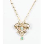 9ct gold pendant/brooch and chain set with opals and seed pearls