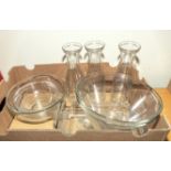 A box containing catering ware, carafes, Pyrex mixing, serving bowls and dishes