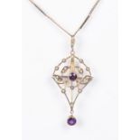 9ct gold pendant/brooch and chain set with amethysts and seed pearls