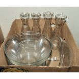 A box containing catering ware, carafes, Pyrex mixing, serving bowls and dishes