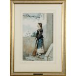 Gilt framed watercolour depicting a girl sweeping the stairs signed Fizzini. image size 40cm x 25cm