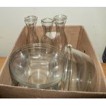 A box containing catering ware, carafes, Pyrex mixing, serving bowls and dishes