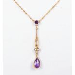 9ct gold dropper necklace set with amethyst and seed pearls
