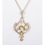 9ct gold pendant and chain set with a tourmaline and seed pearls