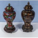Two small cloisonne lidded vases and stands 20cm and 22cm