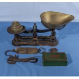 A pair of vintage weigh scales, can opener, spring balance scale and Singer sewing machine parts
