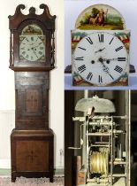 Eight day mid Victorian Grandfather clock with painted face in an oak case cross banded in mahogany,