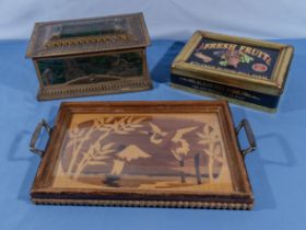 Two vintage biscuit tins and a tray