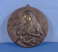 Bronze plaque depicting Mary, signed to reverse by Polish artist, 18cm dia.