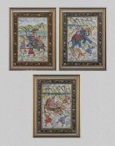 Set of three framed painted Oriental pictures, 35cm x 26cm