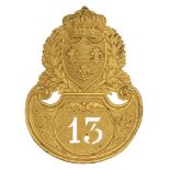 French 13th Infantry Regiment Officer's shako plate circa 1823. Fine rare die-stamped fire gilt