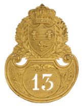 French 13th Infantry Regiment Officer's shako plate circa 1823. Fine rare die-stamped fire gilt
