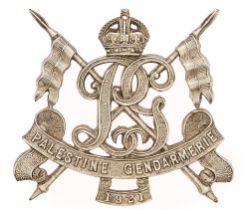 Palestine Gendarmerie Mounted Section badge circa 1922-26. Good rare die-cast white metal crowned PG