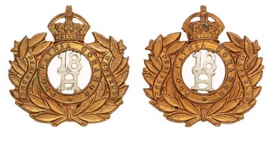 18th Hussars Edwardian pair of collar badges circa 1902-03. Good scarce bi-metal pair. (2 items)