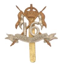 16th Queen's Lancers Edwardian cap badge circa 1902-05. Good rare die-stamped bi-metal crowned