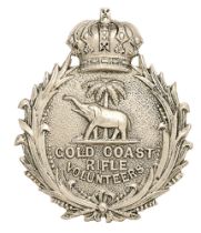 Gold Coast Rifle Volunteers Victorian cap badge circa 1892-1901. Good British made die-stamped white