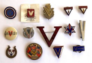 14 Home Front WW2 Victory Lapel Badges. Including HMV (His Master's Voice) ... AEC Trucks ...