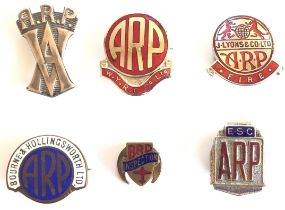 6 Home Front ARP Factory Etc. WW2 Lapel Badges. Including Armstrong Vickers (Silver 1938) ... A.RP