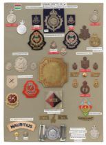 38 Mauritius military and police badges etc. Board with good display of metal and cloth badges, a