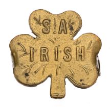 South African Irish Rifles WW1 cap badge circa 1914-15. A good die-stamped sheet brass shamrock