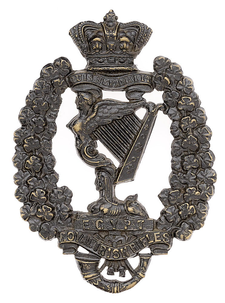 Royal Irish Rifles Militia Victorian helmet plate circa 1881-90. Good scarce die-stamped blackened