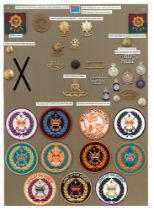 36 Fiji military and police badges etc. Board with good display of metal and cloth badges, buttons