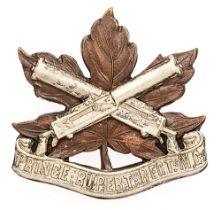Canadian Prince Rupert Regiment Machine Gun WW2 cap badge. Fine rare die-cast light bronze Maple