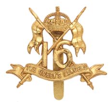 16th The Queen's Lancers WW1 brass economy cap badge circa 1916-18. Good scarce die-stamped brass