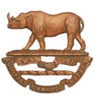 South Africa. Zululand Mounted Rifles cap badge circa 1904-13. Scarce die-cast brass Rhinoceros over