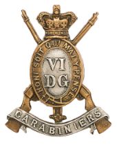 6th Dragoon Guards (Carabiniers) Victorian cap badge circa 1896-1901. Good die-cast brass crowned