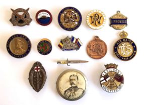 14 Home Front WW1 Patriotic Etc. Lapel Badges. Including Old Contemptibles ... Salonika ... A United