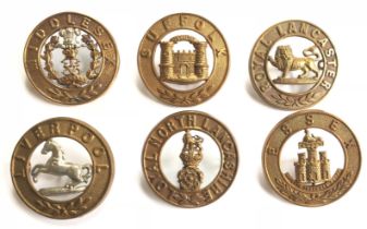 6 post 1881 Infantry helmet plate centres. Middlesex (3 loops) ... Suffolk (2 tower) ... Royal