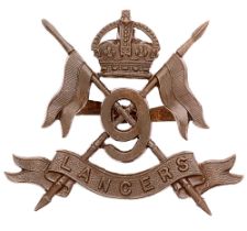 9th (Queen's Royal) Lancers post 1902 OSD cap badge. Good scarce die-cast bronze crowned crossed