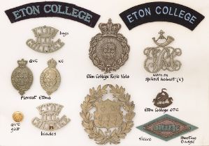 Eton College Rifle Volunteers and OTC 12 items of insignia. Good assortment of badges, pouch belt