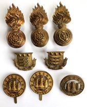 8 Victorian / Edwardian head-dress badges. 3 x Royal Fusiliers post 1901 fur cap grenades ... 2 x