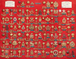 1914-18 WW1 Yeomanry, 175 items of insignia. Board with good display of cap badges, shoulder