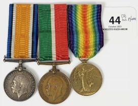 WW1 Lancashire Royal Garrison Artillery Mercantile Marine Group of Three Medals. Awarded to