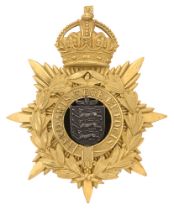 Badge. Royal Guernsey Militia Edwardian Officer's helmet plate circa 1901-08. Fine rare gilt crowned