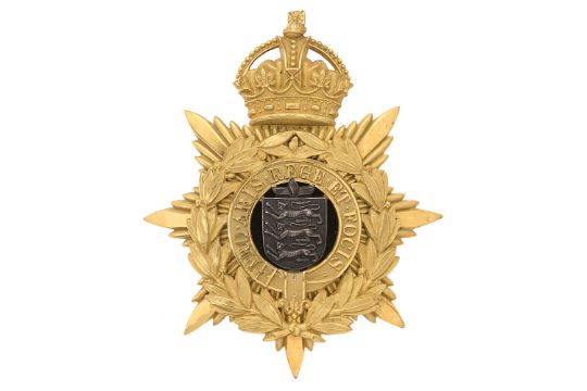 Badge. Royal Guernsey Militia Edwardian Officer's helmet plate circa 1901-08. Fine rare gilt crowned