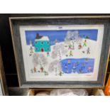 Gordon Barker - a winter landscape with a house ice-skater and dogs, acrylic, signed framed and