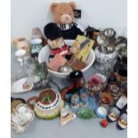 A 2008 Gund teddy bear, a Hamleys commemorative bear, a vintage kitchen mincer, mixed cutlery, Royal