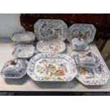 A collection of 19th century Masons flying bird pattern china to include a turkey platter, tureens