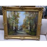 An oil on canvas depicting a horse drawn cart with figures in a woodland landscape Location: