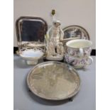A mixed lot to include a silver plated tray on four lion paw feet, a Noritake centre bowl, a