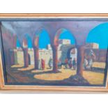 An oil on canvas of a North African/Middle Eastern scene under the archway, signed T.B**K*Y to the