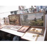 Pictures to include John Corcoran, landscape oil on canvas, Moody watercolour, prints and