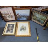 Pictures to include a pair of harbour scene, oil on canvas, two coastal scenes watercolours and