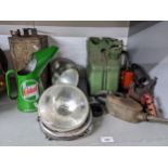 Car related items to include four Lucas head lamps, a Shell petrol can, a Castral oil can and