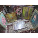 Joan Golland - a group of six framed and glazed oil paintings depicting floral still life, wooded