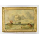 19th Century Scottish school- maritime scene with ships at sea and fishermen, signed lower left 'B.M